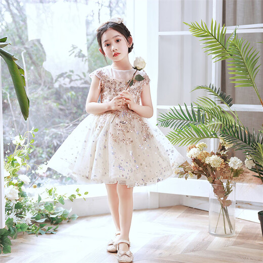 
Little Kayi thick flower girl princess skirt children's high-end evening dress fashionable little girl birthday puffy girl host performance costume 1591 champagne color sleeveless short 120cm