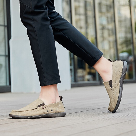 Huili pedal lazy shoes classic men's shoes lightweight breathable footwear driving shoes solid color middle-aged and elderly casual canvas shoes 912 khaki 42