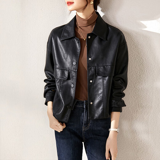 Shang Du Bilugan practiced handsome classic wild lapel pocket design locomotive jacket female leather clothes black M