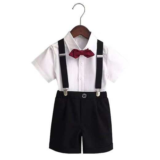 
GOKU boys' dress suit kindergarten performance suit overalls summer host children's suit graduation suit flower girl black pants + shirt + strap + bow tie 130 recommended weight 43-50 Jin [Jin equals 0.5 kg]