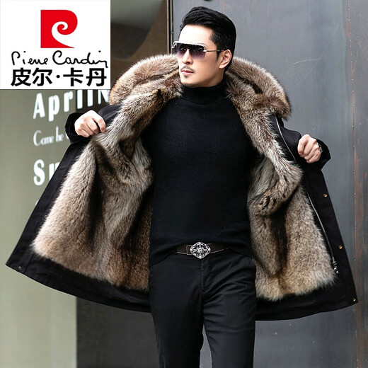 皮尔卡丹（pierre cardin）派克服男士貂可拆卸内胆皮毛一体大衣中长款大码加厚仿皮草外套冬 长款黑色内胆 M 110斤以下