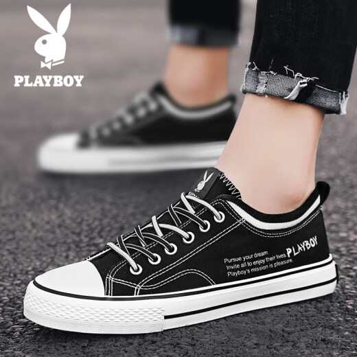 [Official flagship] PLAYBOY playboy canvas shoes men's new men's shoes autumn student shoes men's breathable and versatile trendy Korean casual shoes sneakers black and white 44