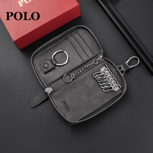 POLO钥匙包男士头层牛皮腰挂钥匙扣多功能零钱包牛皮卡包二合一父亲节