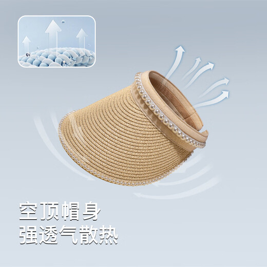 MITHAOL KUSC防晒帽遮阳帽女帽子空顶草帽女士夏季太阳帽防紫外线珍珠大帽檐 卡其色 发箍有弹力54-57cm 生日礼物送女朋友