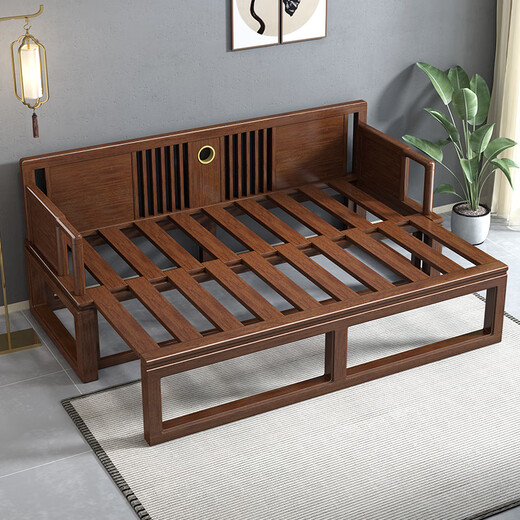 Dimmel New Chinese-style solid wood arhat bed walnut small apartment telescopic push-pull bed sofa bed Zen arhat bed push-pull arhat bed (cotton linen + latex style) assembly