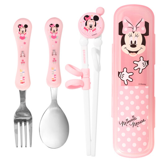 Disney children's tableware set baby eating training learning chopsticks stainless steel fork and spoon portable storage box four-piece set Minnie