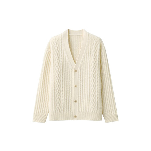无印良品 MUJI 男式 美利奴羊毛 缆绳花纹 V领开衫 长袖针织衫 AA0PKA3A 原色 L (175/100A)