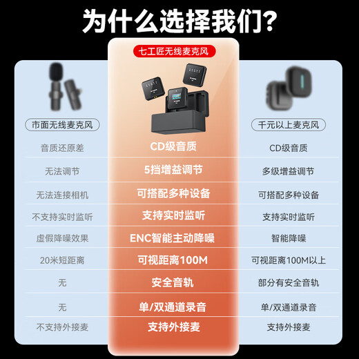 Seven Craftsmen DMic-S wireless lavalier microphone camera mobile phone radio microphone recording and live broadcast equipment mobile phone noise reduction vlog video outdoor interview radio one for two (including charging compartment) Package 2 with USB-C interface live recording and charging OTG cable