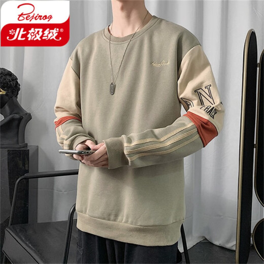 Bejirong sweatshirt men's Hong Kong style trendy loose long-sleeved T-shirt men's youth fashion contrasting color round neck bottoming shirt men's 15F198100147 bean green XL
