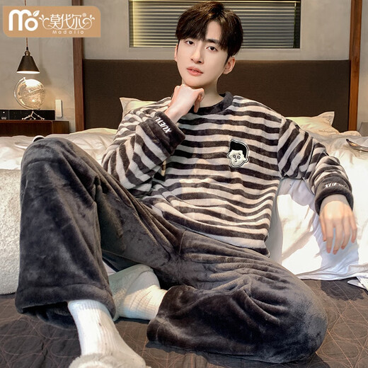 Pajama de terciopelo de coral modal para hombres Autumn and Winter Style más terciopelo engrosado Set cálido Flannel Ropa para el hogar de invierno para hombres K3883- l 100-130Jin [Jin equivale a 0.5 kg]