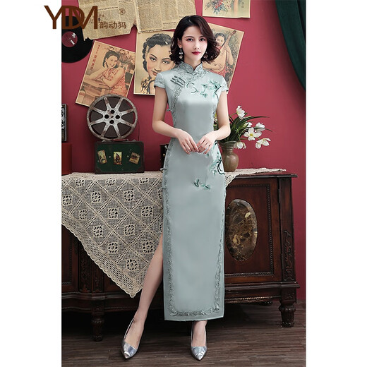 Yundong Ma old Shanghai cheongsam young style improved Chinese style new elegant temperament long slim daily dress girl light green embroidered long L (101-110Jin Jin equals 0.5 kg)