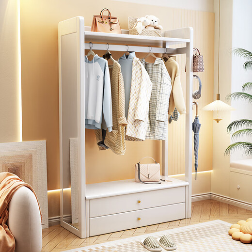 普莱蒂旺衣架置物架落地全实木挂家用卧室带镜子储物简约衣帽架穿衣镜多功 实木环保原木色【100CM】 可折叠