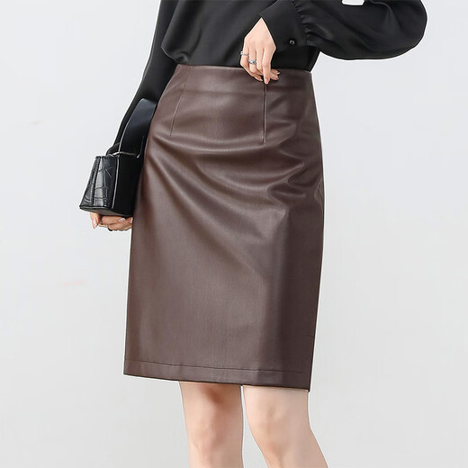 Shangdubila velvet skirt for women, autumn and winter leather skirt, temperament commuting, leg-showing long short skirt, small person hip-hugging skirt, coffee color XL