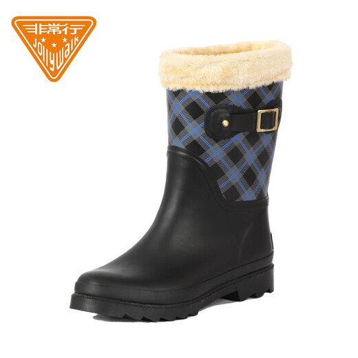 Very good (Jolly Walk) Winter waterproof and cold-resistant rain boots for women's non-slip water boots, fashionable outer wear velvet warm water shoes, new style plus velvet rain boots, blue plaid plus velvet warm JW322 37