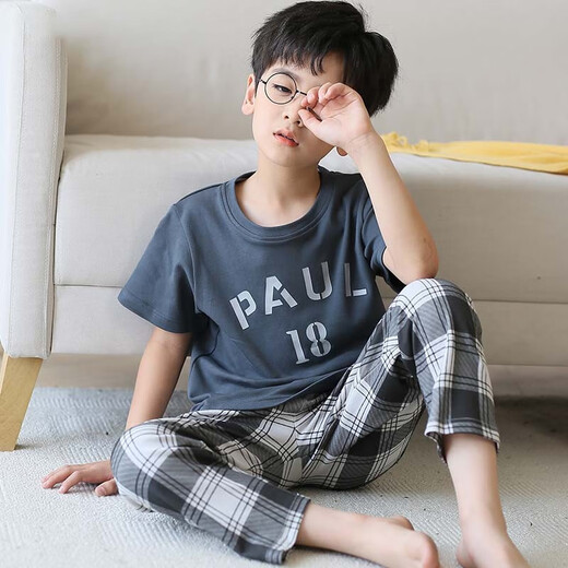 EMBERLOVE男童睡衣纯棉儿童春秋薄款短袖长裤套装大童青少年男孩空调家居服 N9903【短长】 165 L码，【100斤-115斤】