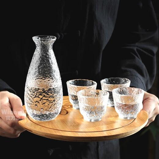 WINEWINGS Japanese hand-made glass wine warmer set household liquor dispenser hammer pattern sake ice wine jug Japanese wine cup wine set wine warmer set one pot 4 cups one cylinder does not include tray