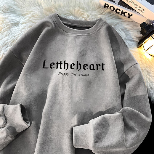 Стильная тяжелая замшевая толстовка, мужская футболка с длинными рукавами, весенне-осенняя оверсайзная свободная внутренняя рубашка, молодежная нижняя рубашка JP006, серая (обычный стиль), рекомендация XL (135-150Jin Jin соответствует 0,5 кг)