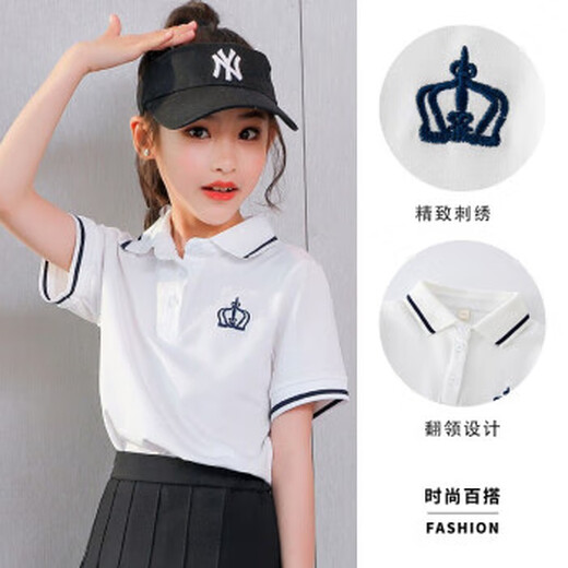Nickybaby Girls Kurzärärtes T-Shirt Polo Shirt Kinder College-Stil Pure Cotton Top Sommer Big Children's Lapel Student Casual Summer Anzug 3451 Blau 1429 Weiß 130 cm
