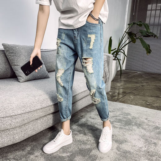 Langwei Feier summer 9-point ripped jeans men's Korean version slim fit beggar's small leg pants trendy men's spring and autumn men's pants 829 big holes 28