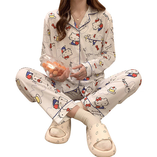 
REJIP spring and autumn cotton pajamas women ins cute cartoon lapel cardigan loose thin style can be worn outside home clothing set 9227 XL