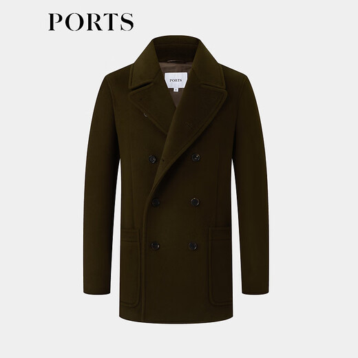 PORTS men's autumn and winter double-breasted mid-length merino blend lapel coat dark olive green M