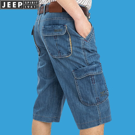 JEEP SPIRIT吉普休闲牛仔短裤男直筒宽松夏季七分裤多口袋工装中裤753 浅蓝753 42