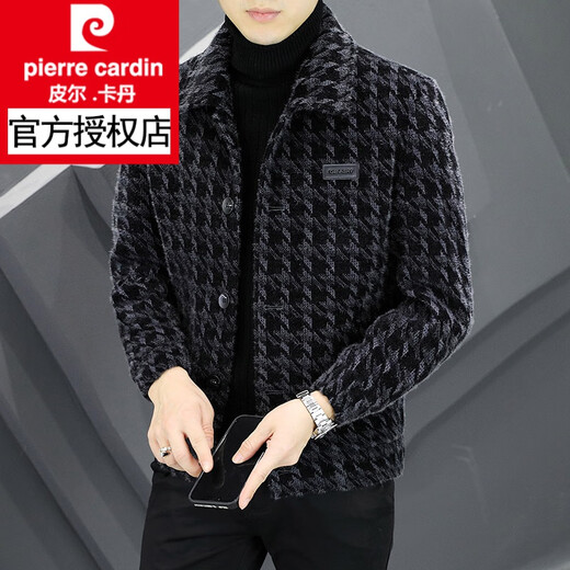 Pierre Cardin plaid jacket men's lapel casual autumn and winter thickened woolen jacket men's short style top versatile 8263-grey 2XL