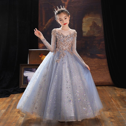 Mädchen im Princess-Stil Herbst und Winterlicht Luxus Luxus High-End-Anzug Grundschüler Chor Guzheng Klavier Performance Abendkleid Rock 1591 Blau kurzärmelige Long Style 160