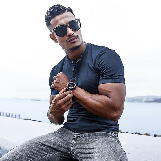 BensonVision sports short-sleeved fitness training t-shirt running casual top solid color slim fit Henry collar bottoming shirt men's summer grass green S