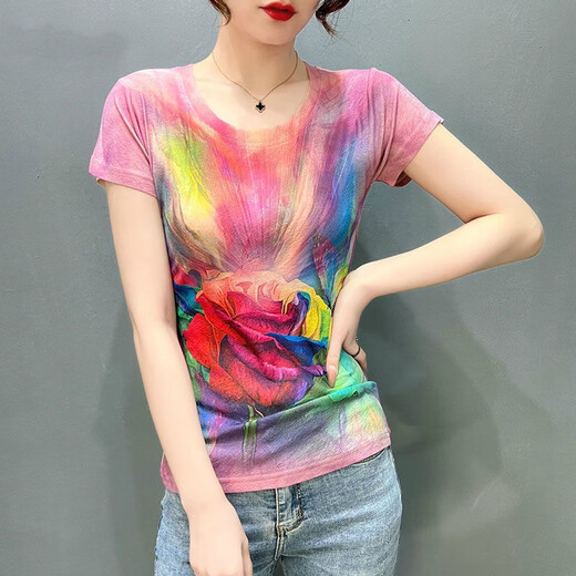 [Sonderpreis-Abholung] High-End Light Luxury Marke 2022 Sommer-Kurzärmel-T-Shirt für Frauen für das Retro-gedruckte modische Hemd für Frauen, schlank und schlank halbärmelig für Frauen Blue Butterfly (7027) XL (Empfohlen 121-130jin [Jin gleich 0,5 kg]))