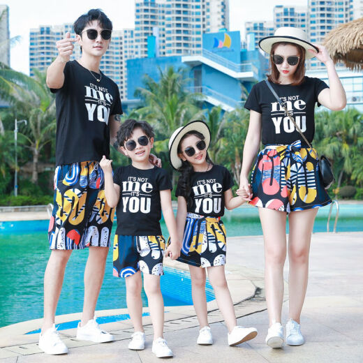Parent-child summer clothes, new trendy family clothes, mother and daughter short-sleeved pants suits, fashionable family clothes for a family of three and four, beach vacation fashion clothes MEYOU English girls and boys 120 (recommended about 120cm/40Jin [Jin is equal to 0.5 kg])