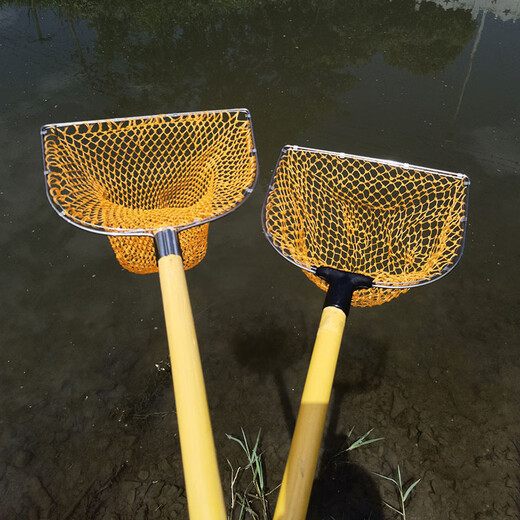 Yuxiyuan solid wooden handle integrated copy net stainless steel double circle net head fishing net to catch crabs, shrimps, seafood, fishing gear, wooden handle 60 cm, mouth width 35 cm, depth 30 cm
