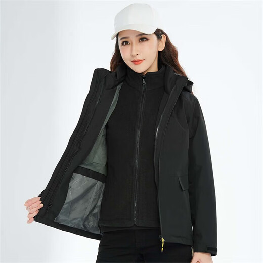 BRELRMON韩版冲锋衣女男防风户外防寒三合一保暖可拆卸滑雪登山服夹克外套 HS12805曜石黑-女 M