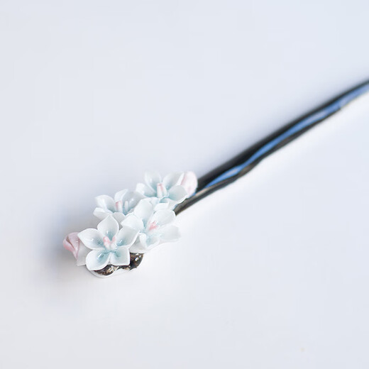 Ceramic Hairpin Handmade Flowers Traditional Chinese Ethnic Style Ceramic Ornaments as Gifts Black Stem and White Peach Blossom