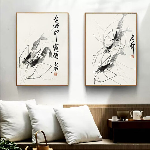 Qi white graphite shrimp new Chinese style decorative painting living room sofa background wall painting ink Chinese style restaurant study hanging painting 23 ink shrimp 3 horizontal version 70*100 simple black frame + canvas