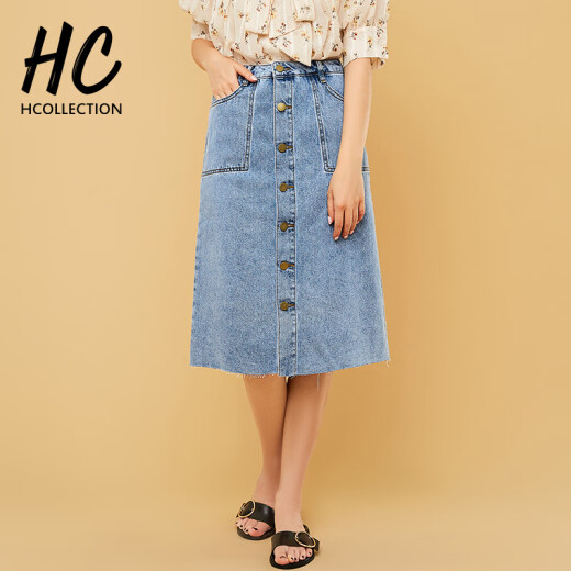Hcollection2020 new autumn clothing women's mid-length A-line over-the-knee pure cotton denim blue skirt female HNW12481 blue M