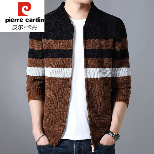 Pierre Cardin 2020 new spring and autumn thin middle-aged men's wool sweater knitted cardigan autumn sweater outer jacket trendy knitted caramel plus velvet 185/XXXL