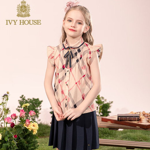 IVY HOUSE Ivy children's wear girls' printed shirt summer new British college style small flying sleeves retro plaid shirt khaki 100cm (110/52)
