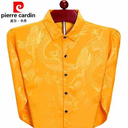 Pierre Cardin high-end men's long-sleeved shirt, iron-free casual shirt, Chinese dragon pattern, middle-aged spring and autumn mulberry silk, thin style, white 170/84A