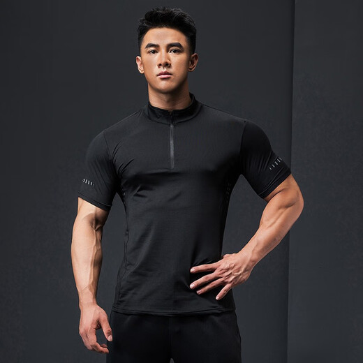 Lutie Dog Fitness Wear Short Sleeve Men's Stand Collar POLO Slim Fit Muscle Showing Quick Drying Breathable High Elastic Coaching Wear T-Shirt Black L