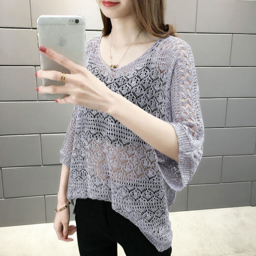 2020 Summer V-neck Ice Silk T-shirt Women's Pullover Knitted Top Loose Korean Style Western Style Netshirt Fairy Blouse Trendy Light Purple XL