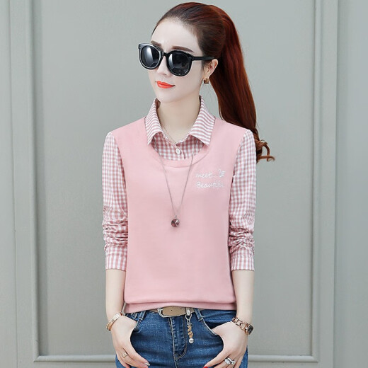 Abby's new fake two-piece shirt women's long-sleeved 2021 spring and autumn new women's Korean style light and versatile embroidery plus velvet long-sleeved T-shirt women's tops western style bottoming shirt sweatshirt trendy pink please take the correct size