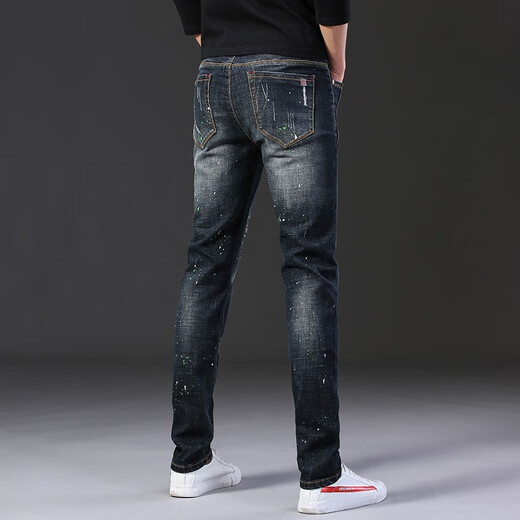 
Fashion brand ripped jeans men's elastic patch patch small feet pants Korean style slim jeans lacquered dot printed pencil pants new product 687 black 30 (2 feet 3)