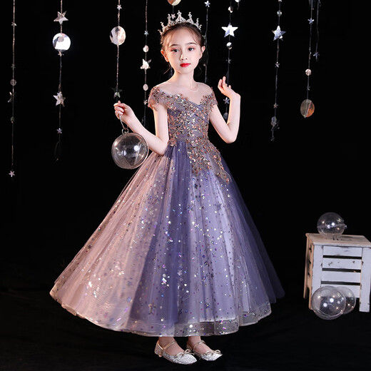 Little Kayi Qian Kinder Laufsteg Abendkleid Mädchen Geburtstag Prinzessin Rock geschwollenes Garn Little Girl Host Piano Performance Kostüm Purple 1591 vorne kurzer Rückblick 130