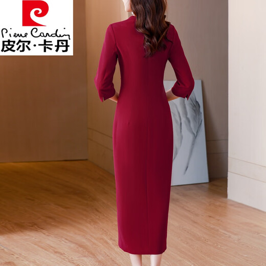 皮尔卡丹（pierre cardin）喜婆婆婚宴礼服高贵连衣裙女高贵晚装女参加婚礼红色气质妈裙子 酒红色 2XL