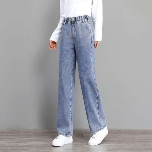 FHHUABD Junior High School Student Wide Leg Jeans Few Girls Spring and Summer New Loose Straight-Legging Pants High Waist Slimming Casual Long Pants 9856 Light Blue Pants High Quality 60 S -75Jin [Jin equals 0.5 kg]