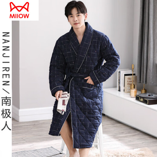 猫人（MiiOW）秋冬季男士睡袍浴袍加厚保暖睡衣纯棉夹棉长款加大码全棉浴衣男款 A1049-三层加厚夹棉-全棉 180(XXL)
