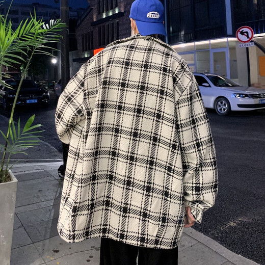 Yuexiang Fatty Plaid Plus Fleece Jacket Men's Large Size Casual Lazy Style Top National Trend Ins Winter Korean Lapel Jacket White 3XL