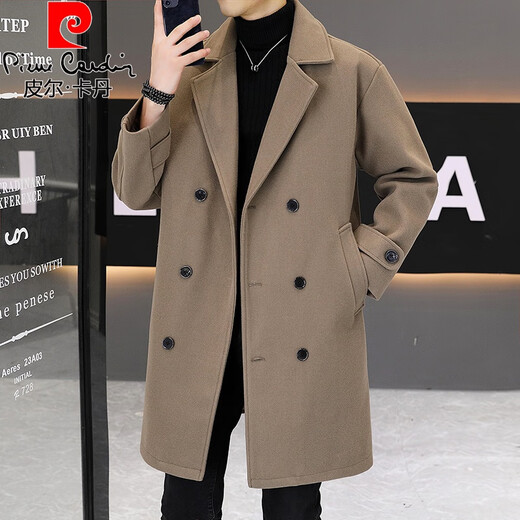 Pierre Cardin Spring and Autumn Windbreaker Men's Mid-Length Trendy Loose Casual Double-breasted Suit Collar British Style Woolen Coat Jacket Coffee Selected Woolen Fabric 2XL 135-150Jin Jin is equal to about 0.5 kg