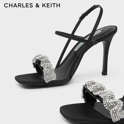 CHARLES/KEITH semi-precious stone pleated one-strip high heels sandals girls birthday gift CK1-60361402 Black 34
